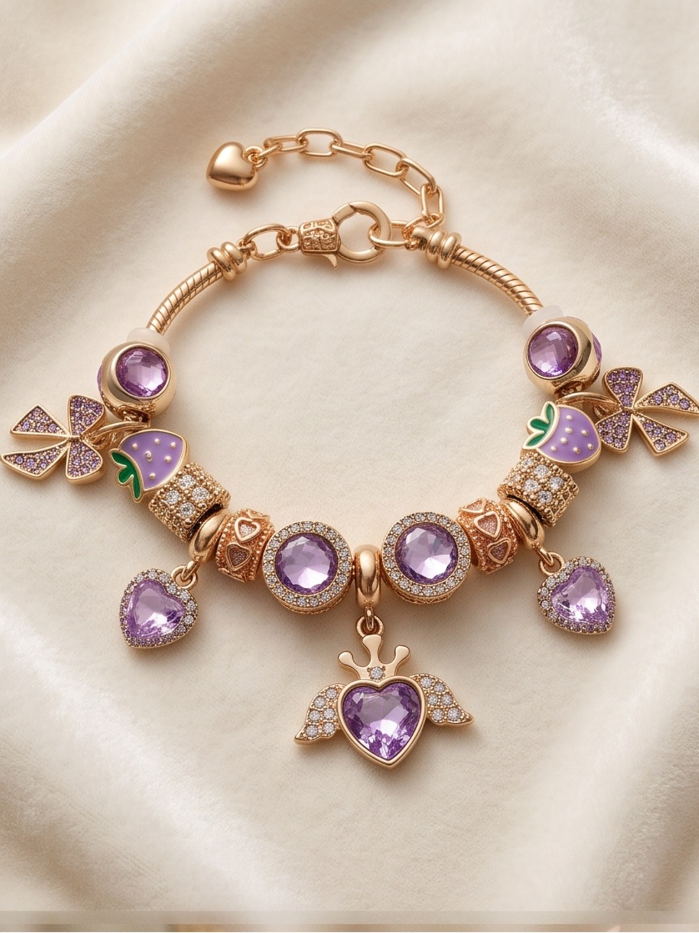 Gold & Purple Crystal Charm Snake Chain Bracelet (6 to 8 Inches)